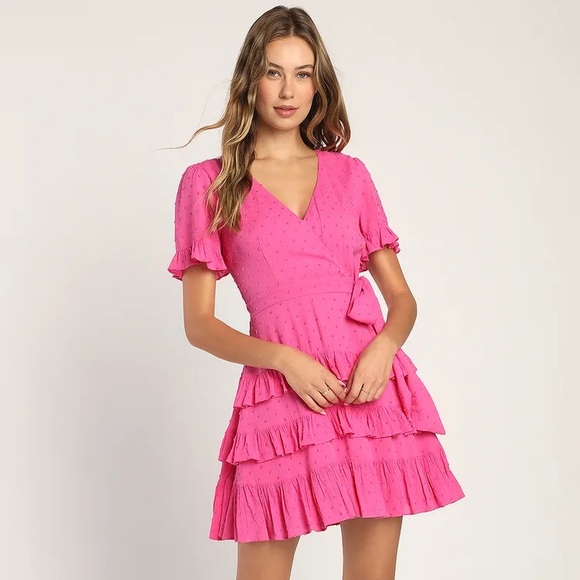 Lulus: Call Me Cute Hot Pink Swiss Dot Tiered Faux Wrap Mini Dress - Picture 1 of 7